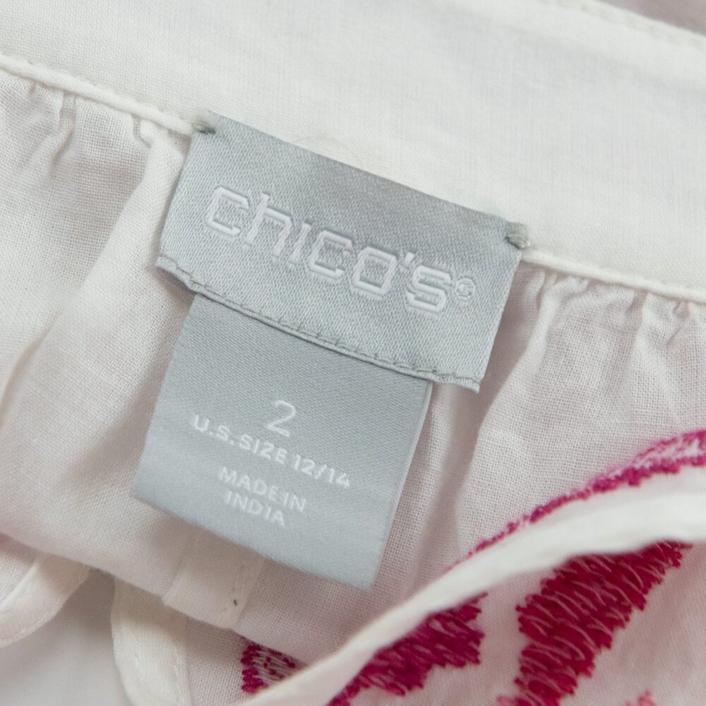 Chico's Embroidered Tie Neck Peasant Top 100% Cotton Haute Pink White Sz 2 12/14 - Picture 4 of 6